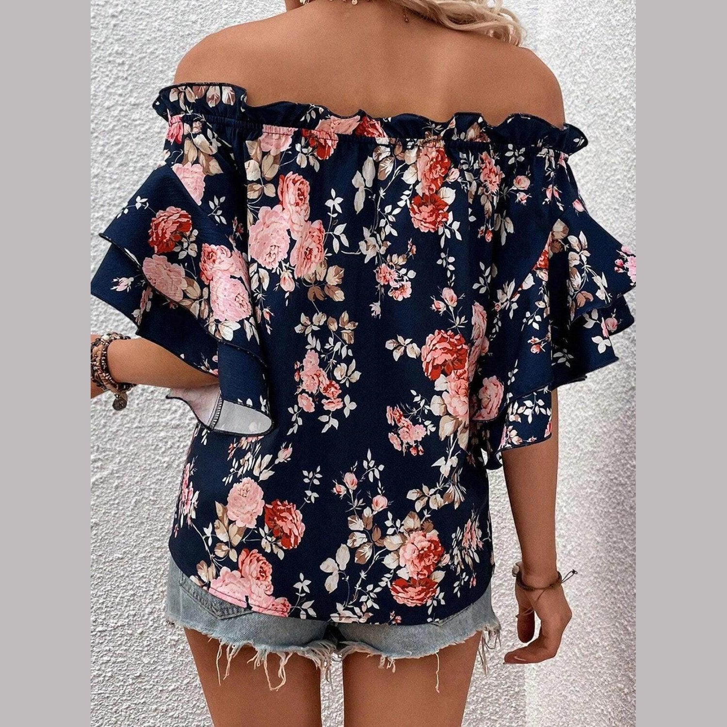 Printed Off-Shoulder Flounce Sleeve Blouse - VacationGrabs