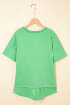 Bonbon V Neck Drop Shoulder Tee and Patchwork Drawstring Elastic Waistband Shorts Set