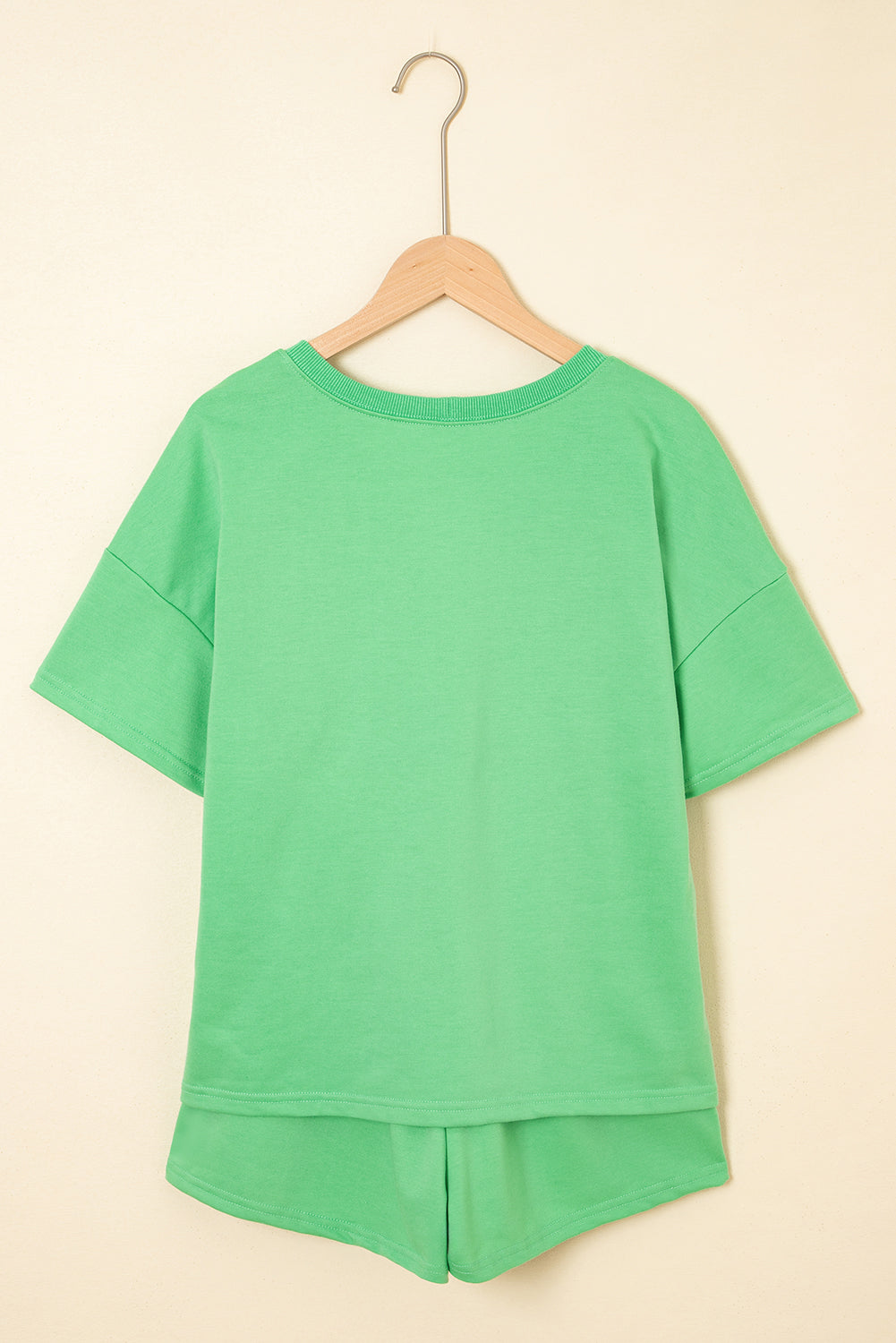Bonbon V Neck Drop Shoulder Tee and Patchwork Drawstring Elastic Waistband Shorts Set