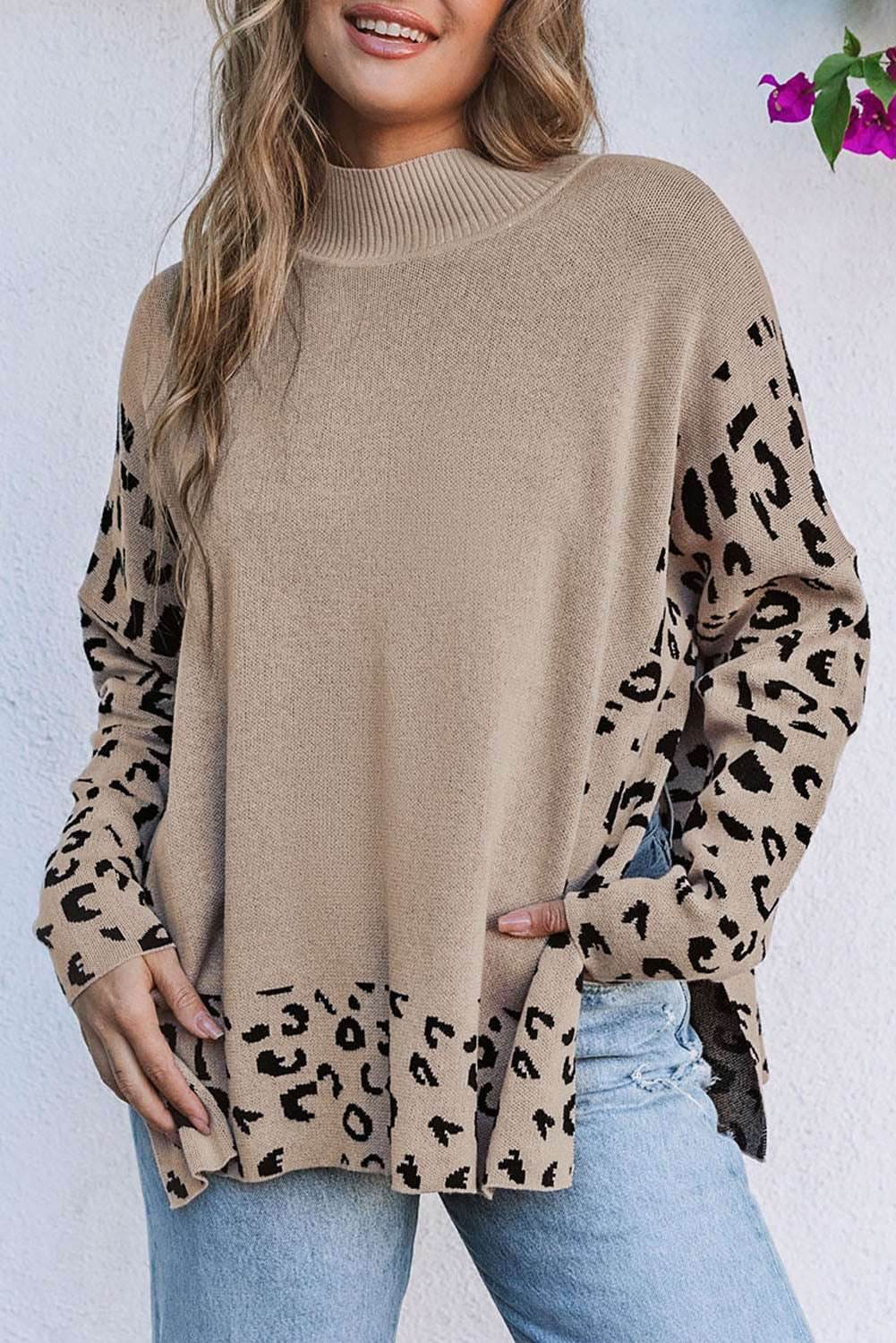 Khaki Leopard High Neck Side Slit Oversized Sweater - VacationGrabs