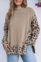 Khaki Leopard High Neck Side Slit Oversized Sweater - VacationGrabs