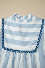 Stripe Lace Trim V-Neck Ruffle Midi Dress