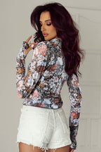 JUNIPER BLVD mock neck floral blouse for women featuring a colorful floral design and long sleeves