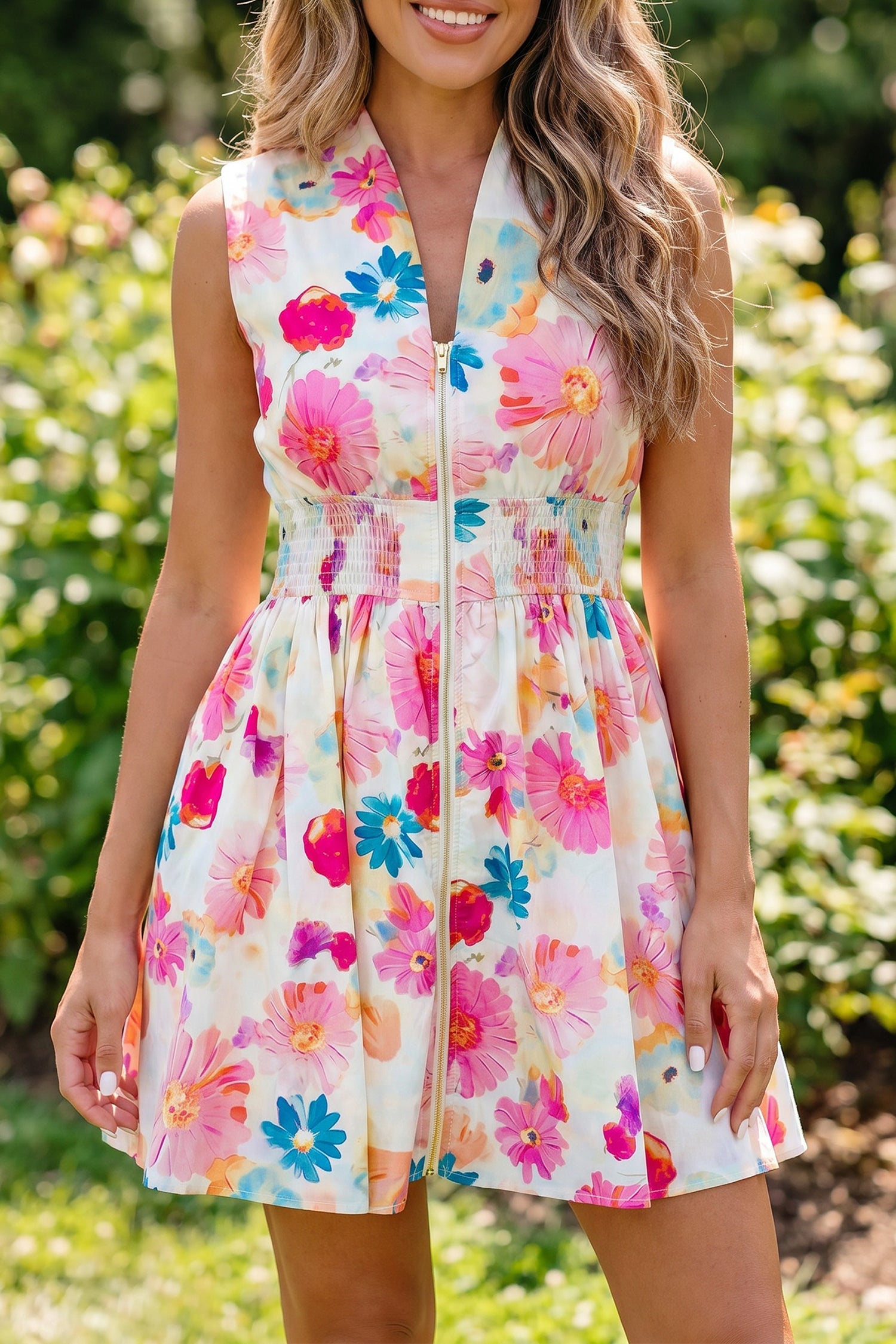 Floral Zip Up V-Neck Smocked Flared Mini Dress