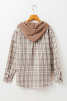 Women's Shirts - ShacketsKhaki Checkered Print Loose Fit Buttoned Hooded Shacket - VacationGrabs