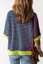 Green Stripe Oversized Contrast Trim Exposed Seam High Low T Shirt - VacationGrabs