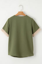 Contrast Lace Trim V-Neck Short Sleeve Blouse