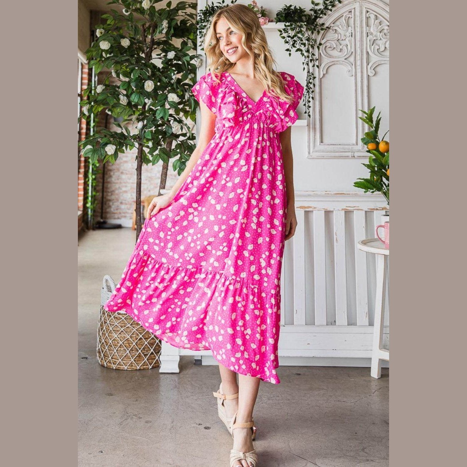 Reborn J Printed V-Neck Ruffle Trim Tiered Midi Dress - VacationGrabs