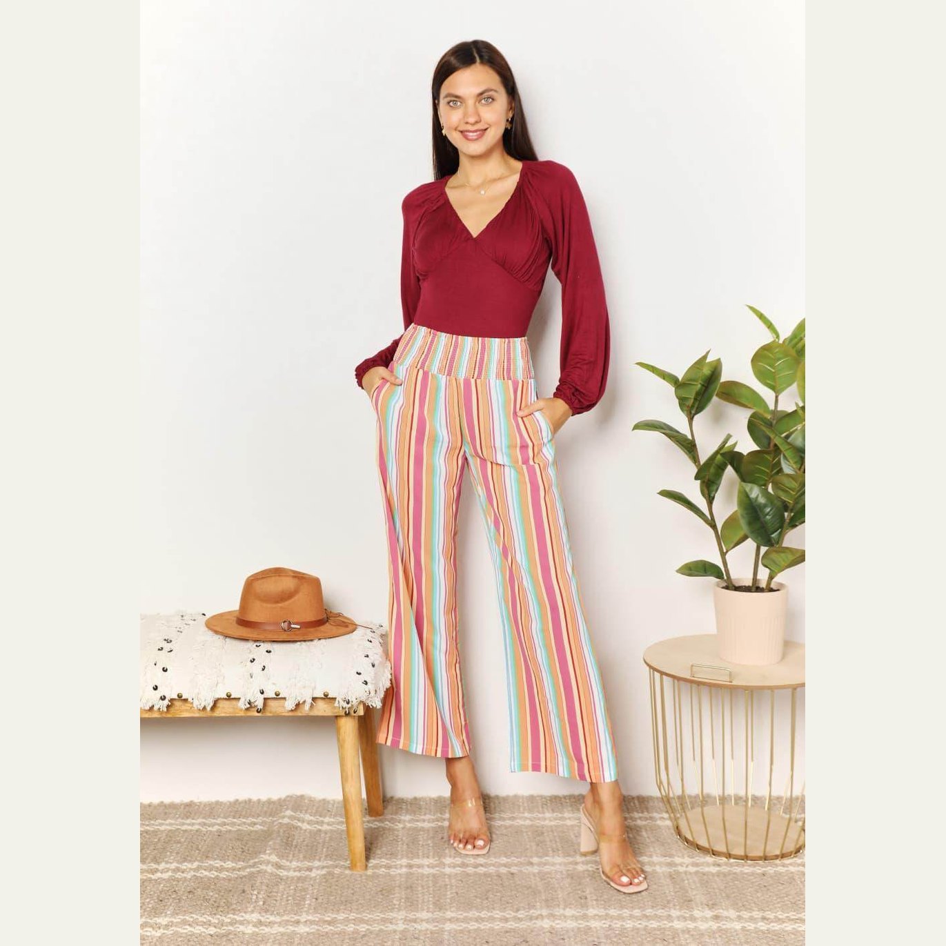 Double Take Striped Smocked Waist Pants with Pockets - VacationGrabs