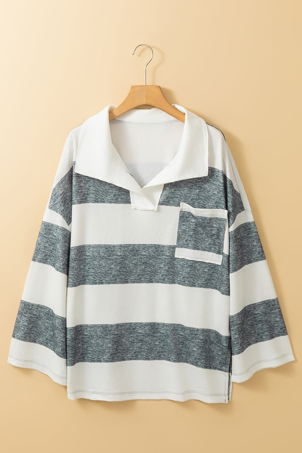 Women's ShirtsStripe Oversized Collared Long Sleeve Top - VacationGrabs