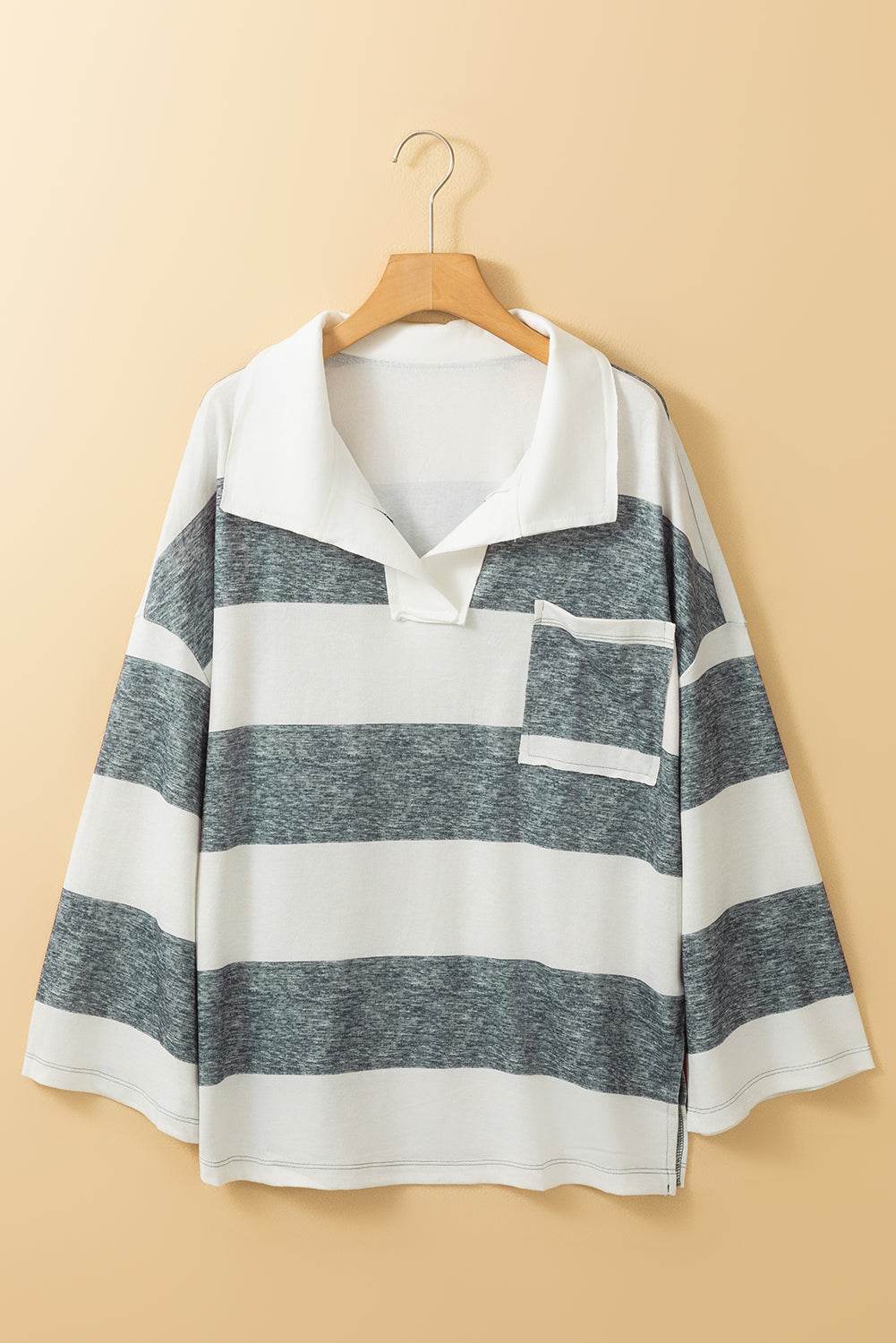Stripe Oversized Collared Long Sleeve Top - VacationGrabs