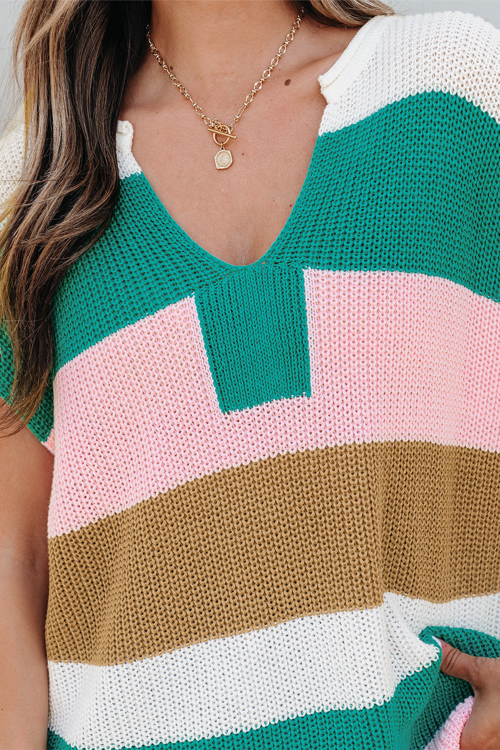 Stripe Colorblock V-Neck Sweater T-Shirt