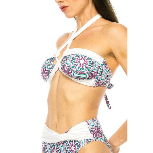 Two Piece Floral Prints Criss Cross Halter Bikini - VacationGrabs