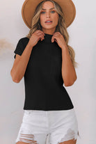 Black Patch Pocket Ribbed Knit Short Sleeve Sweater - VacationGrabs