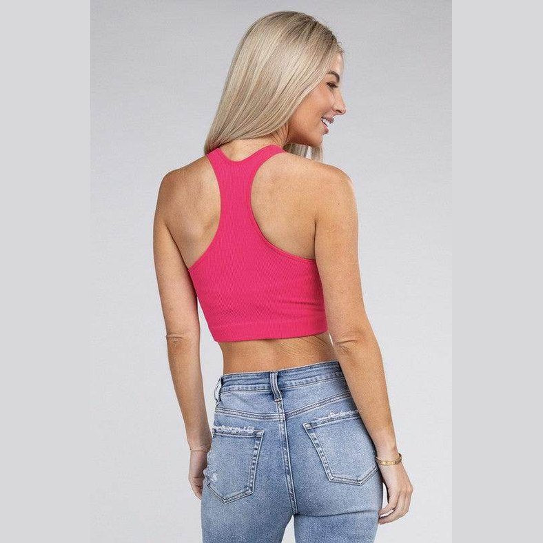 Ribbed Cropped Racerback Tank Top - VacationGrabs