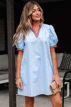 Colorblock Contrast Stripe V-Neck Puff Sleeve Mini Dress