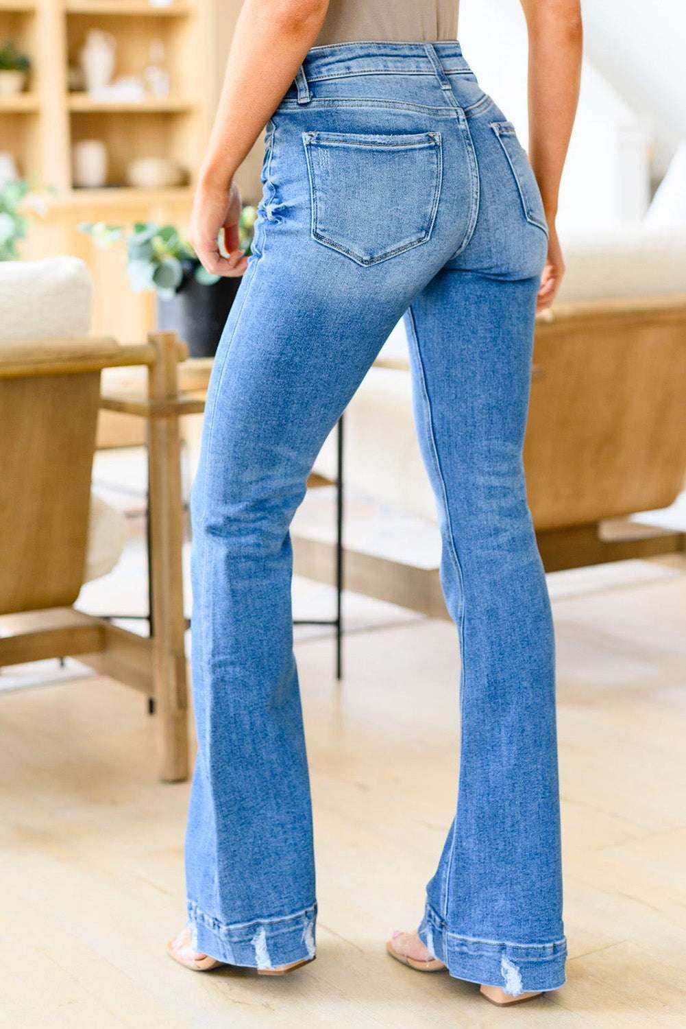 Sky Blue Slight Distressed Medium Wash Flare Jeans - VacationGrabs