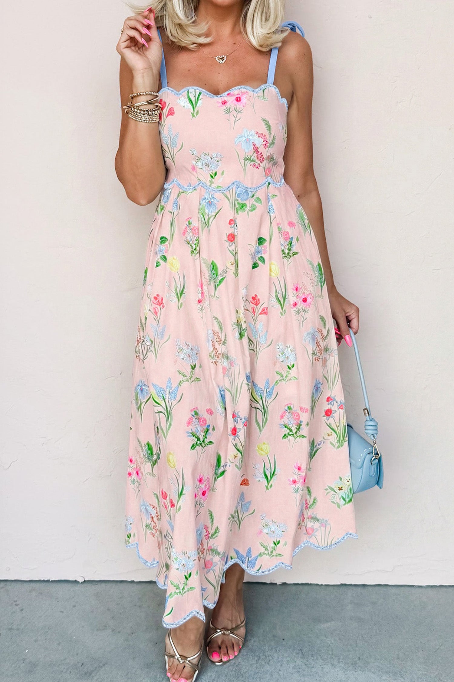 Floral Contrast Trim Tie Strap Midi Dress