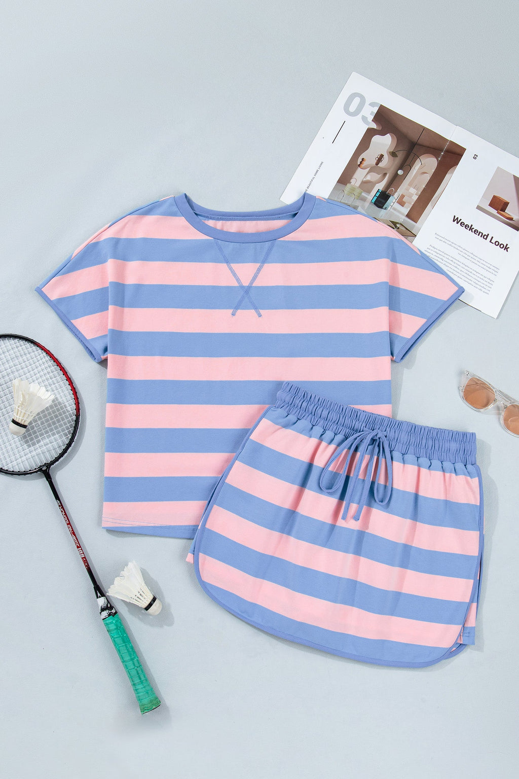 Stripe Dolman Tee & Drawstring Skort Athletic Set