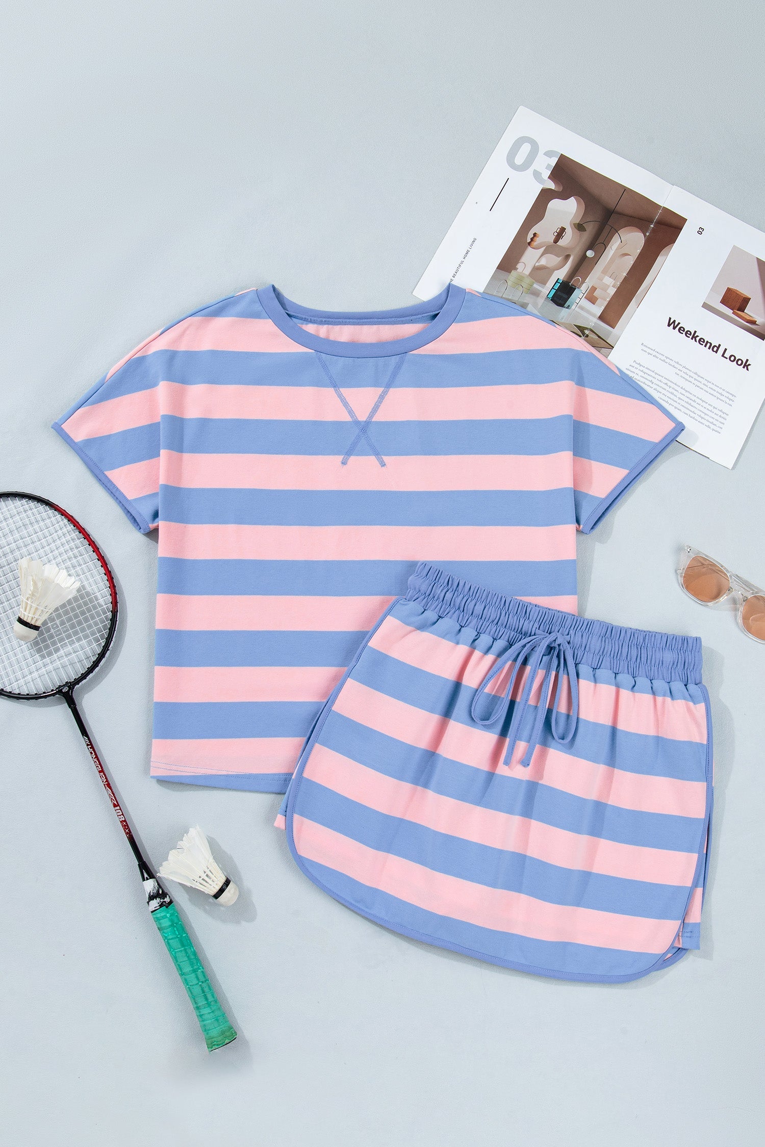 Stripe Dolman Tee & Drawstring Skort Athletic Set