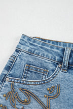 Western Embroidered Studded Denim Shorts