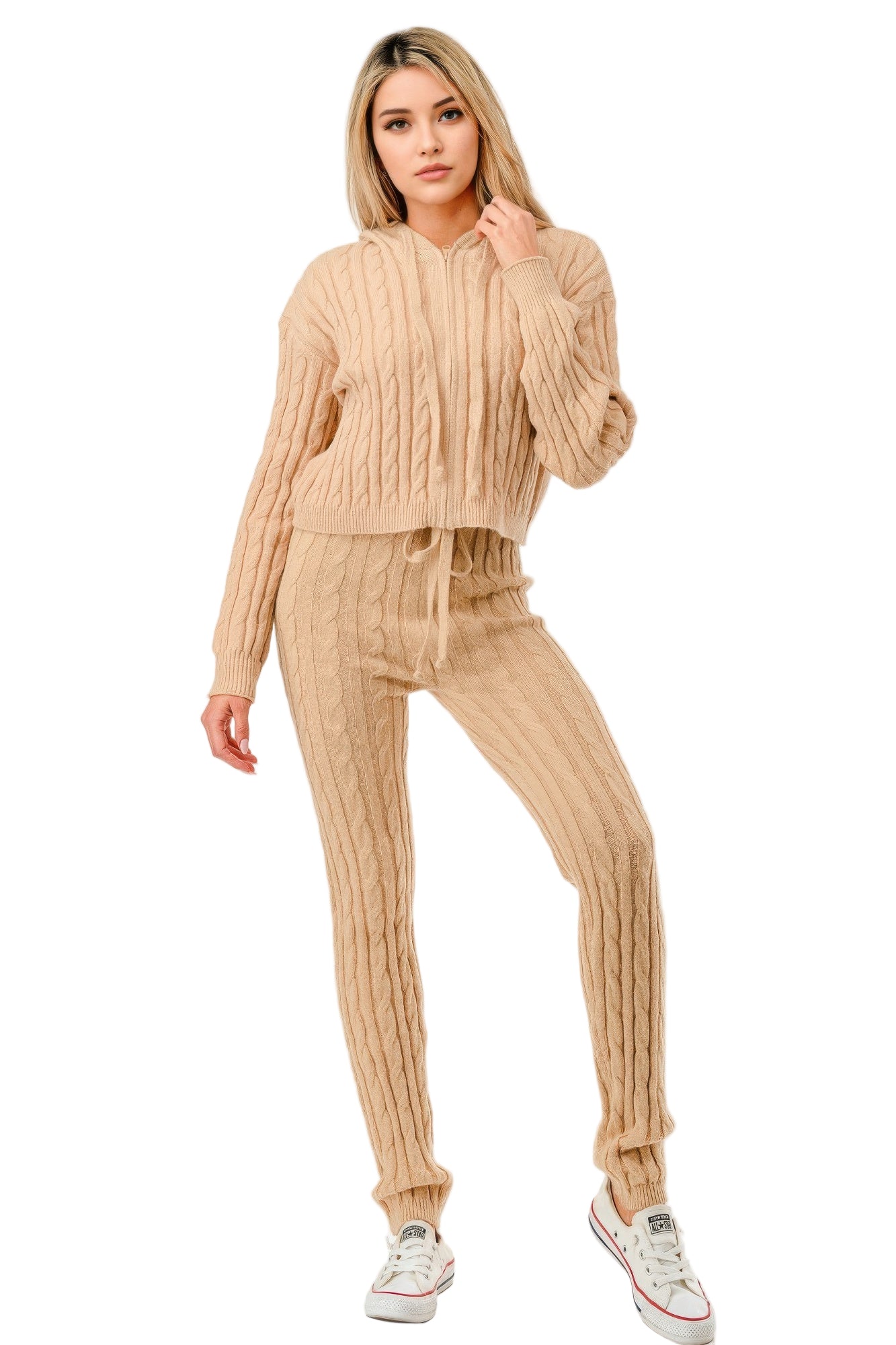 Cozy cable knit hoodie sweater set in beige with matching drawstring pants for women