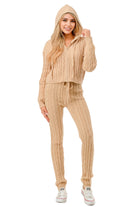 Women's cable knit hoodie sweater set in beige with cozy hood and matching pants for casual wear