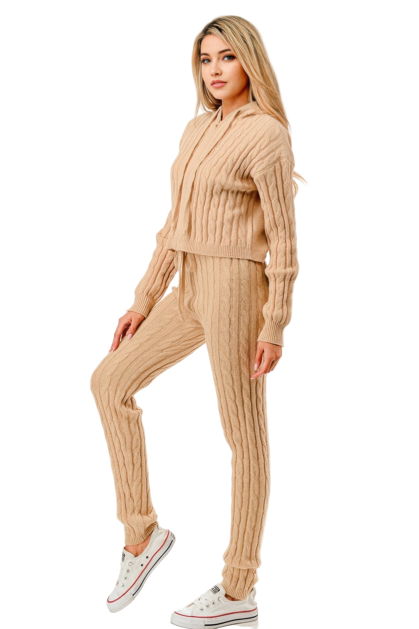 Women's cable knit hoodie sweater set in beige with a cozy fit, ideal for casual outings