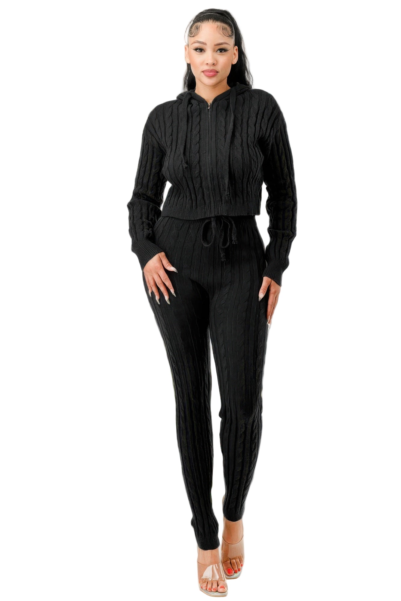 Stylish women's black cable knit hoodie sweater set with matching pants for a chic look