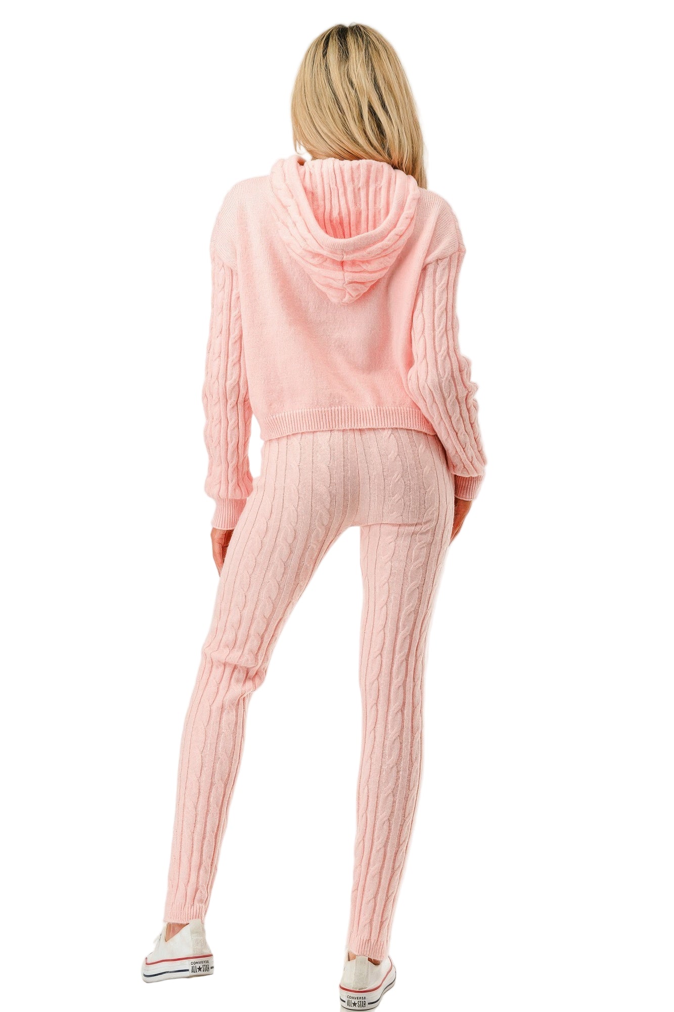 Women’s pink cable knit hoodie sweater set featuring a cropped hoodie and fitted pants