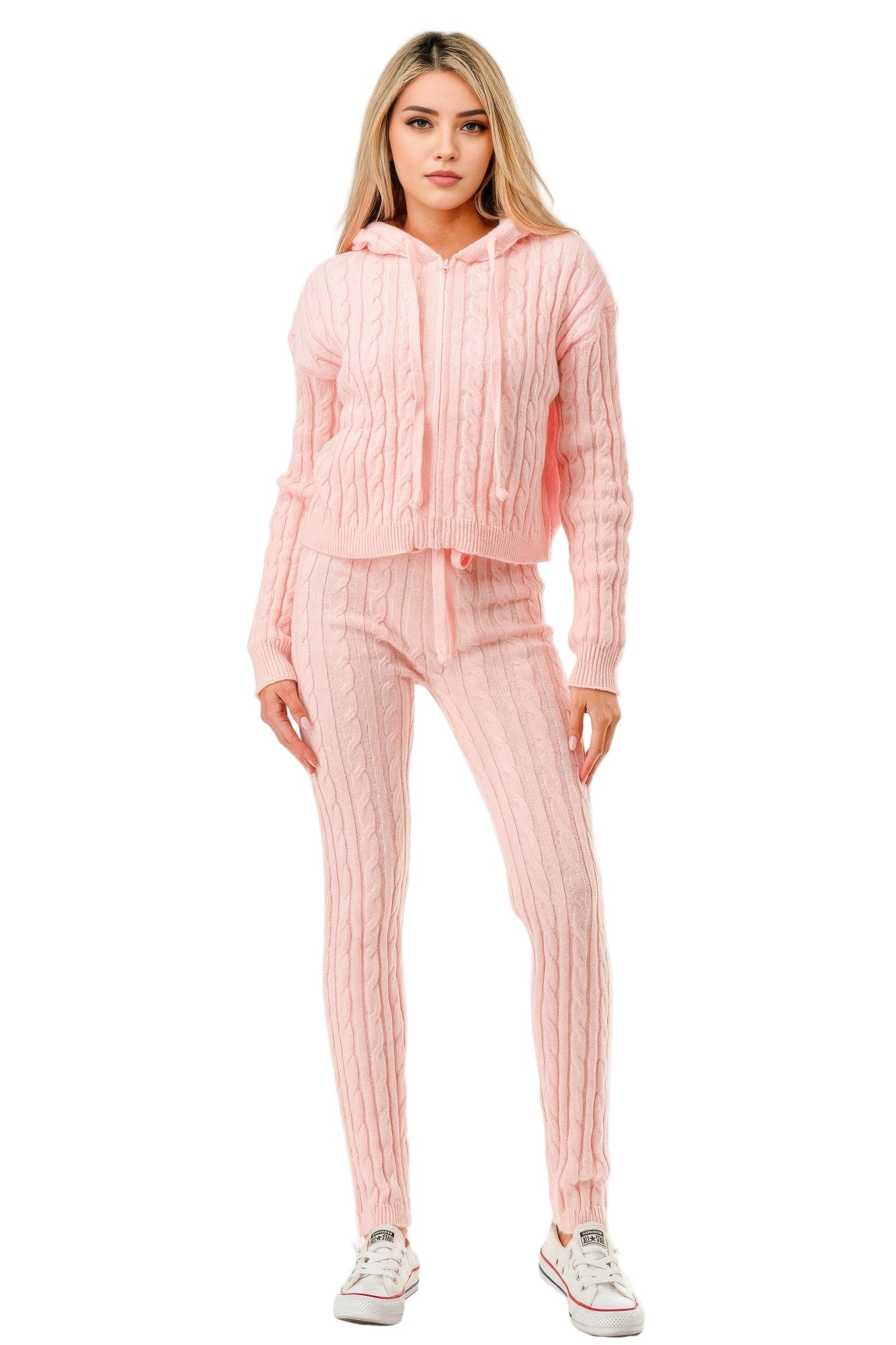 Stylish women's cable knit hoodie sweater set in soft pink, perfect for casual wear