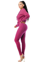 Trendy Women's cable knit hoodie sweater set in pink with stylish fit and tapered pants