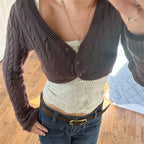 Women's brown cable knit sweater, cozy for casual outings
