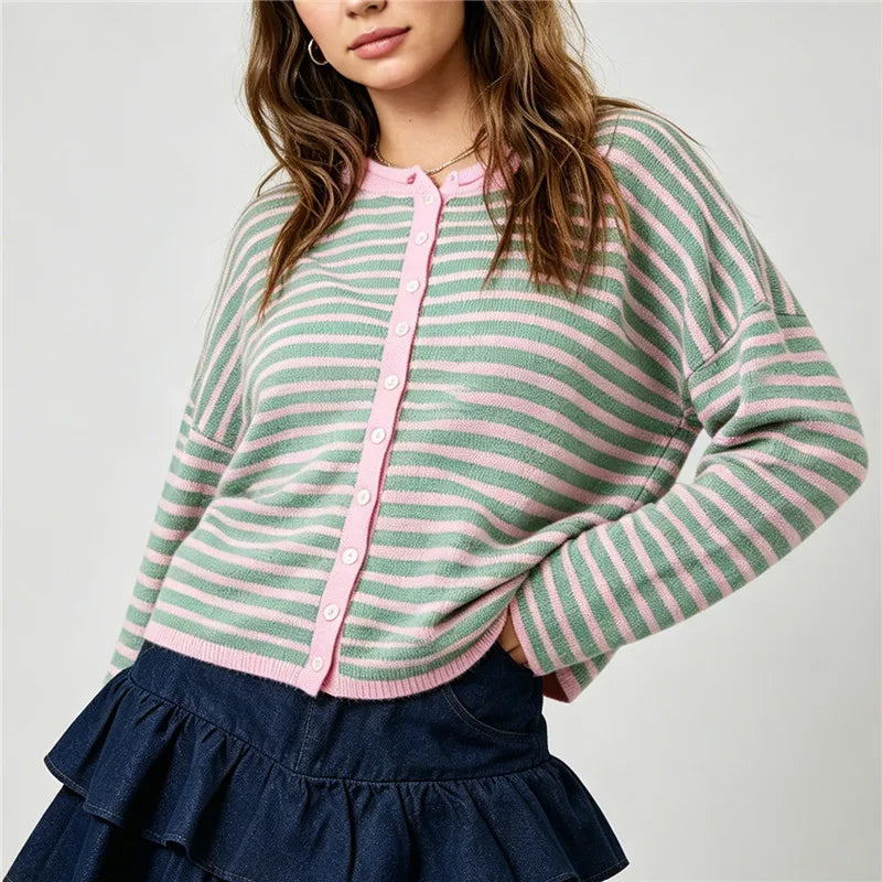 Women's striped cable knit sweater in green and pink for casual wear
