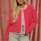 Women's pink and white striped cable knit sweater for casual wear