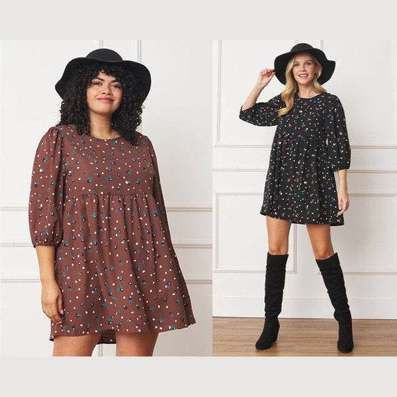 Abstract Polka Dot Bishop Sleeve Mini Dress - VacationGrabs