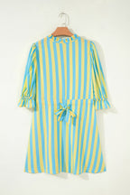 Stripe Half-Button Puff Sleeve Mini Dress