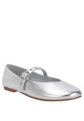 Silver flat shoe with a strap and embellishment on a white background