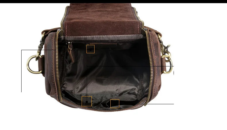 Brown leather camera leather bag with multiple compartments for photographers