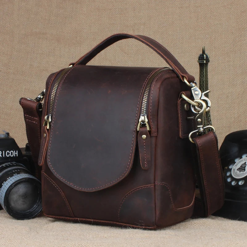 Brown leather camera bag with durable design for photography enthusiasts