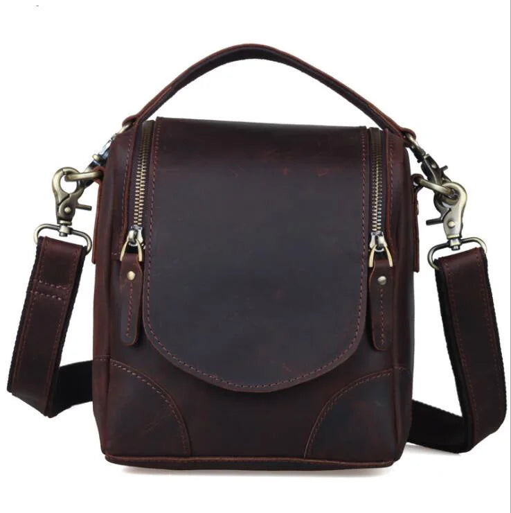 Brown leather camera bag with adjustable strap for photography