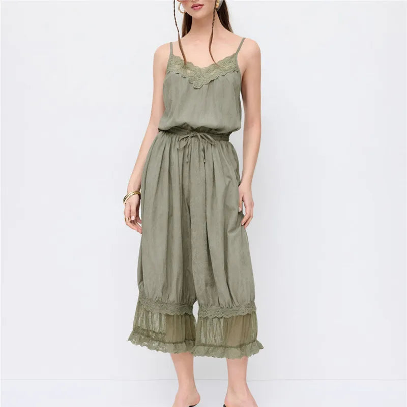 Women's olive green cami with lace, perfect for summer outings