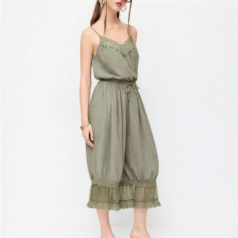 Olive green cami with lace, casual summer outfit for women
