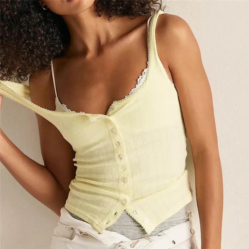 Women's yellow cami with lace, perfect for summer outfits