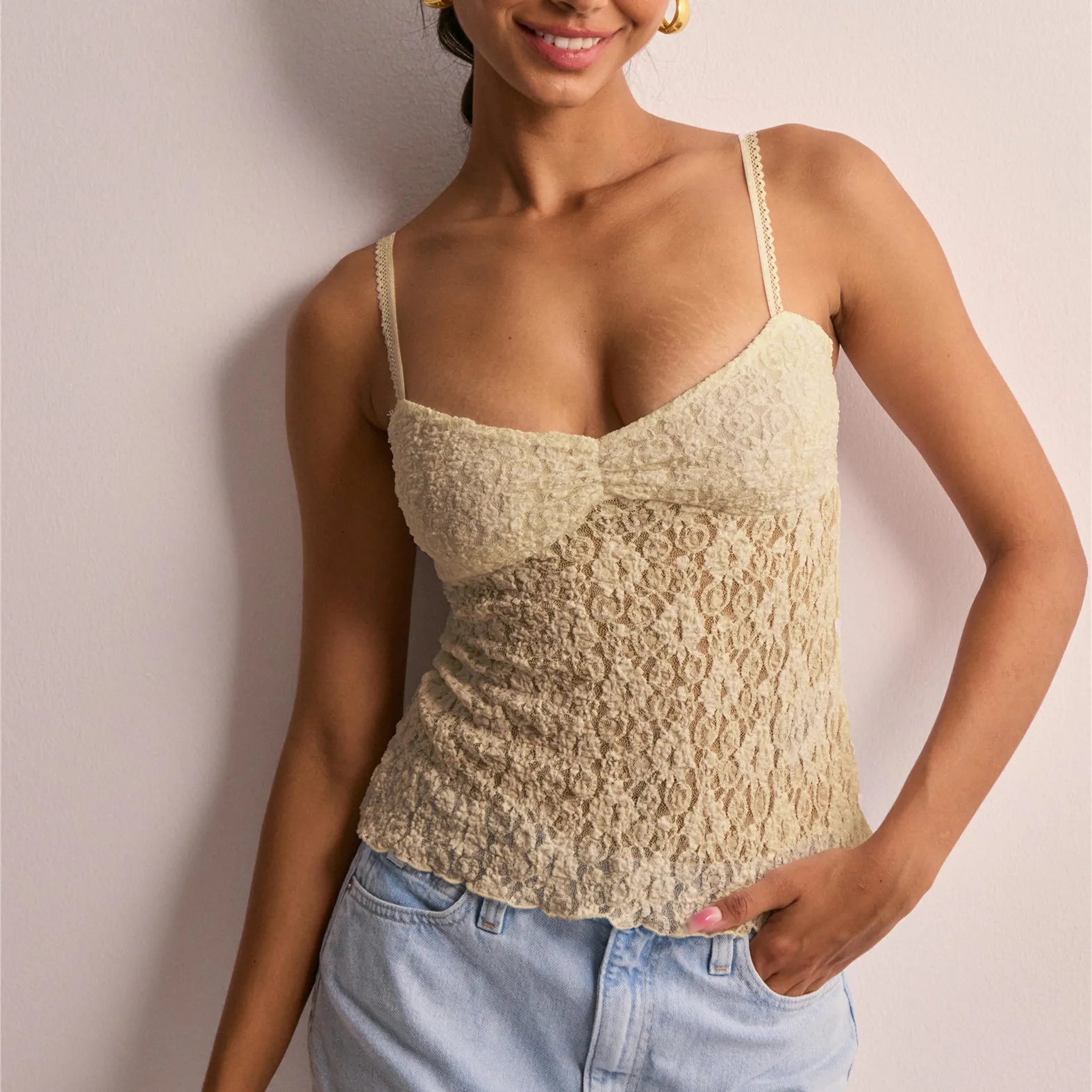 Women's lace camisole in beige, perfect for summer outings