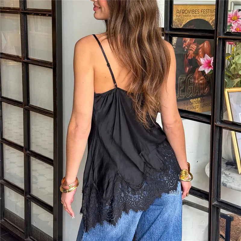 Women's black camisole lace top, perfect for casual outings