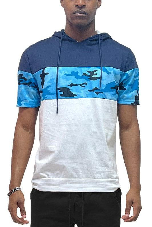 Men's Shirts - Tee's Camo And Solid Design Block Hooded Shirt
