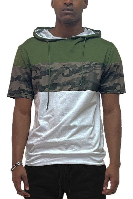 Men's Shirts - Tee's Camo And Solid Design Block Hooded Shirt