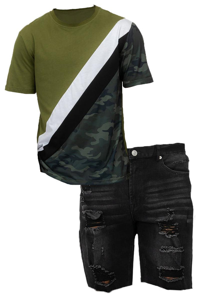 Men's Shorts Camo Color Block and Black Denim Jean Short Set