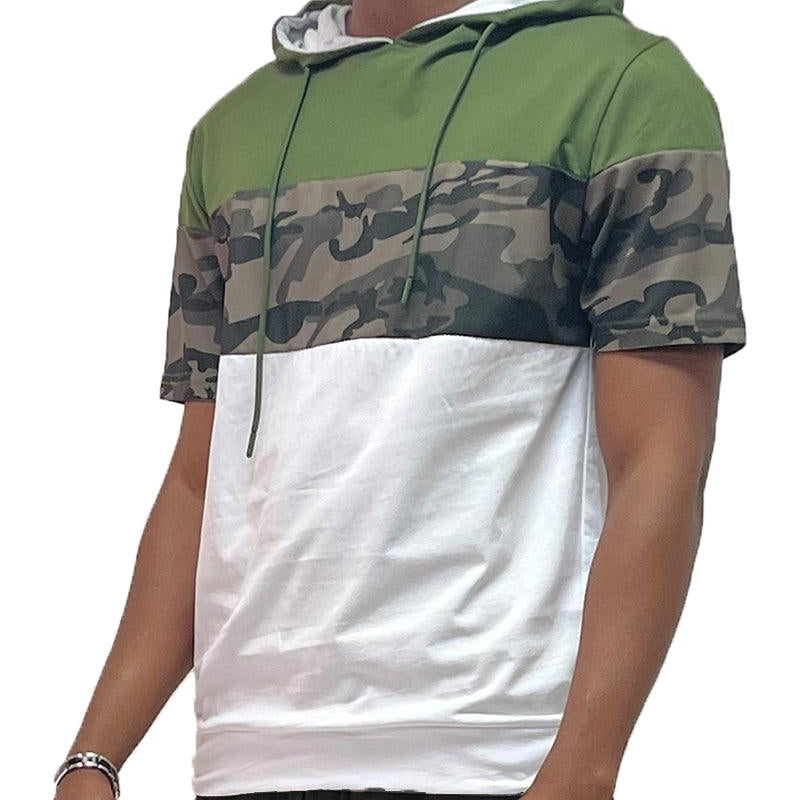 Men's Shirts Camo Color Block Short Sleeve Hooded Tee
